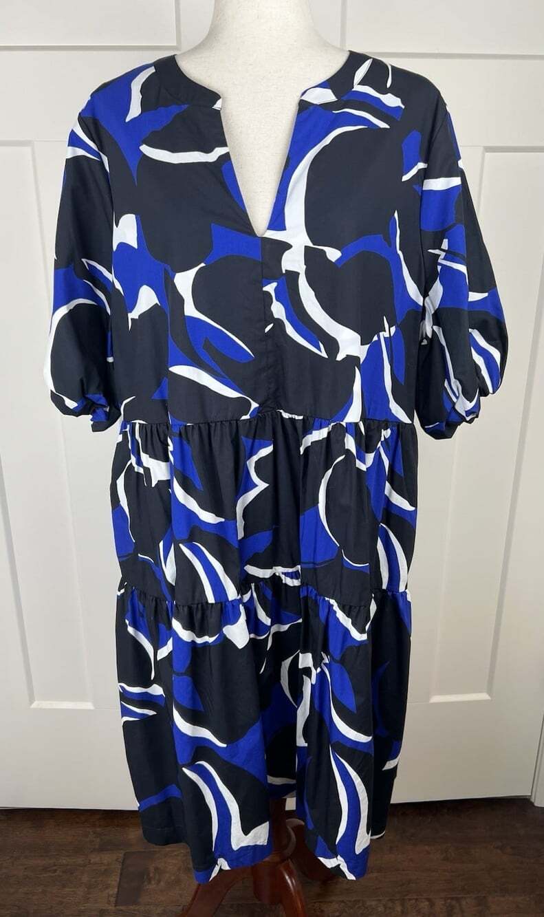 Chico’s Size 3 XL Dress Pima Cotton Tiered Geometric Print Puff Sleeve Blue